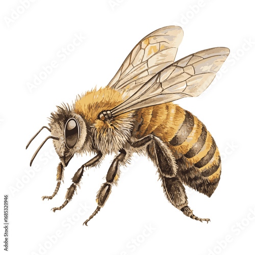 A realistic, detailed illustration of a honey bee captured in mid-flight against a clean white background. The insect's anatomy is clearly visible.