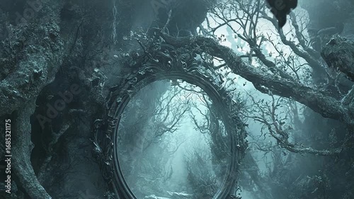 Oval mirror reflecting path in spooky forest with fog and trees