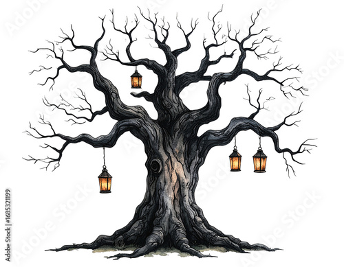 Gothic Haunted Tree with Twisted Black Branches PNG