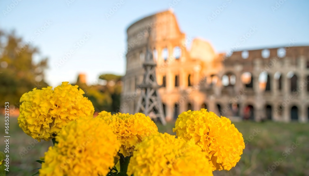 Obraz premium Yellow marigolds in front of Colosseum