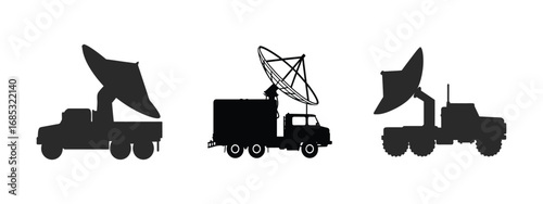 Silhouette of three satellite trucks equipped with different communication systems.