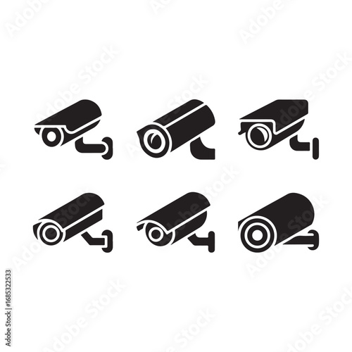 Collection of six modern security camera icons featuring different angles and styles for surveillance concepts vector