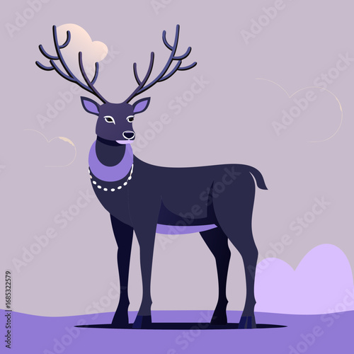 Christmas reindeer figurine. Stylized purple deer standing in a whimsical landscape with clouds  