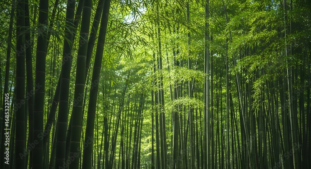 Fototapeta premium Serene Bamboo Grove Sunlight Filtering Through Lush Green Canopy Tranquil Atmosphere Peaceful Retreat Nature Escape