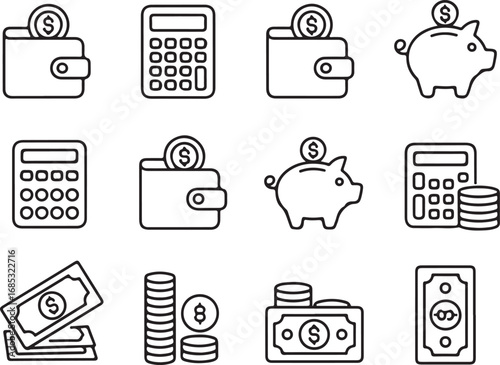 Minimal Line Icon Set of Money Management Tools and Finance Symbols, Editable Stroke Vectors