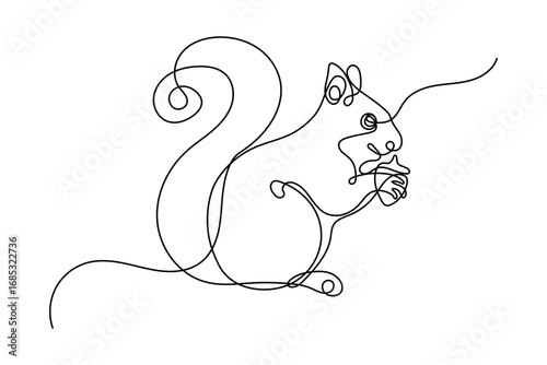 Squirrel Eating Nut One Line Drawing, Minimalist Continuous Line Art Vector
