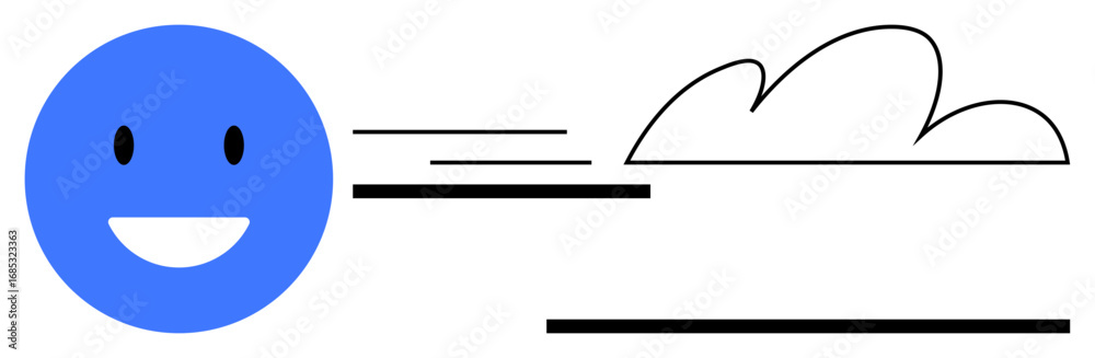 Fototapeta premium Blue happy face with motion lines moving toward a stylized cloud. Ideal for optimism, speed, progress, energy, digital communication, technology, and creativity. Minimalist flat metaphor