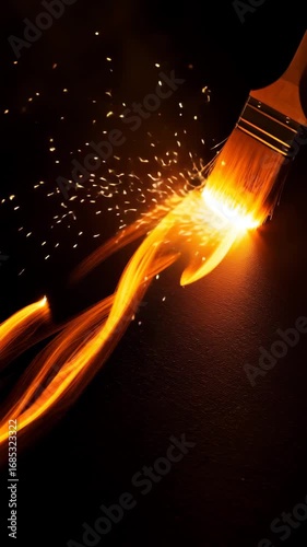 Vibrant paintbrush igniting sparks with bright fiery strokes,  metaphor for creativity