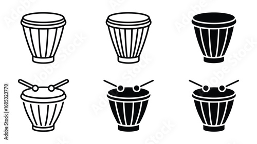 Six Djembe Drum vector Icons: Line Art, Solid Black, and White Variations;  Musical Instrument Graphics for Website, App, or Print Design.