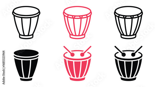 Collection of six stylized bongo drum vector icons; black, red, and outline variations;  simple, flat design; perfect for music, rhythm, and percussion themed projects.