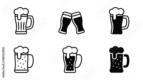 Collection of Six Bold Black Beer Mug vector Icons: Outline and Filled Styles,  Perfect for Brewery Branding,  Menu Design, and Festive Celebrations.