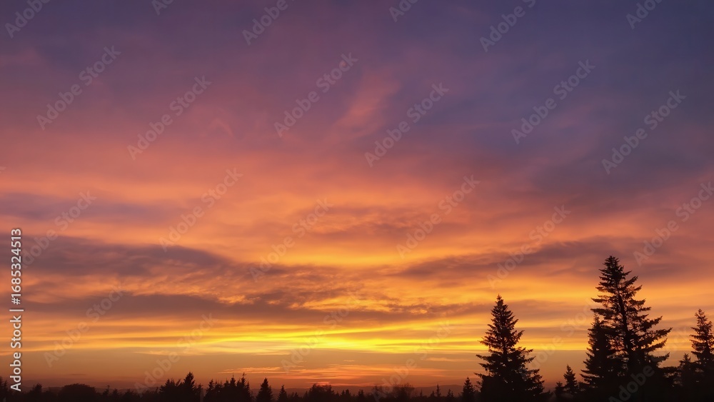 Naklejka premium Vibrant orange and purple sunset illuminating clouds over pine trees