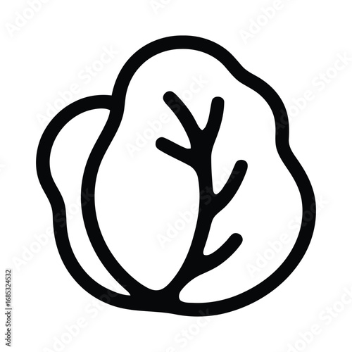 Black and white  illustration of a cabbage head with bold outlines and simple vein details, representing fresh vegetables, healthy eating, and organic produce