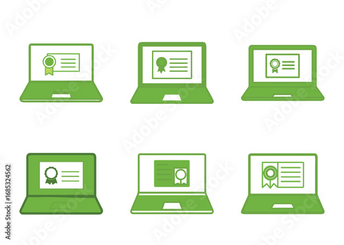 Green laptop icon set displaying certificates and credentials online, multiple variations