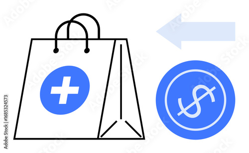 Medical bag with cross sign, dollar coin, and left arrow symbolizing healthcare refunds, rebates, or expense tracking. Ideal for healthcare, insurance, savings, finance subsidy budgeting simple
