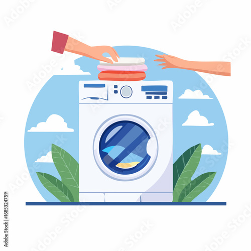 Hands Loading Clothes Into Modern Washing Machine