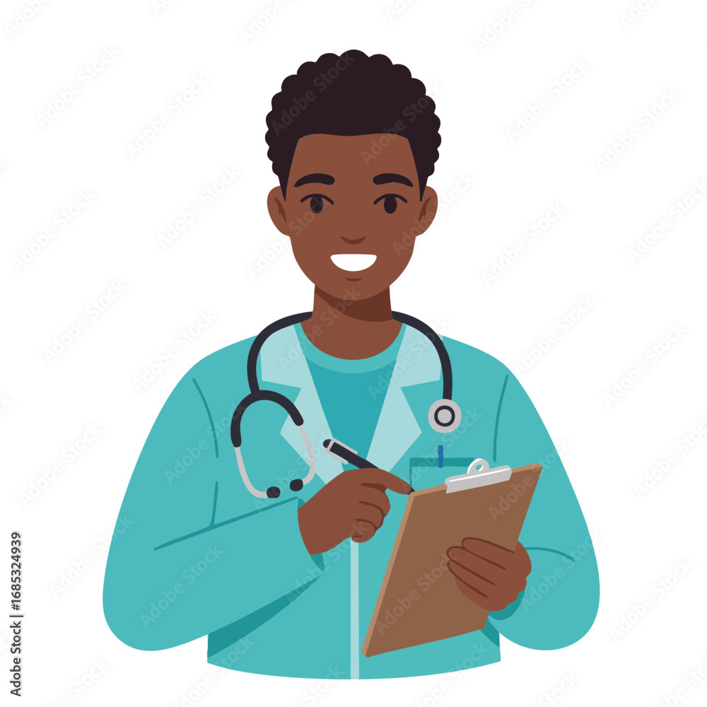 Fototapeta premium Young bkack doctor pointing at clipboard with pen flat vector design