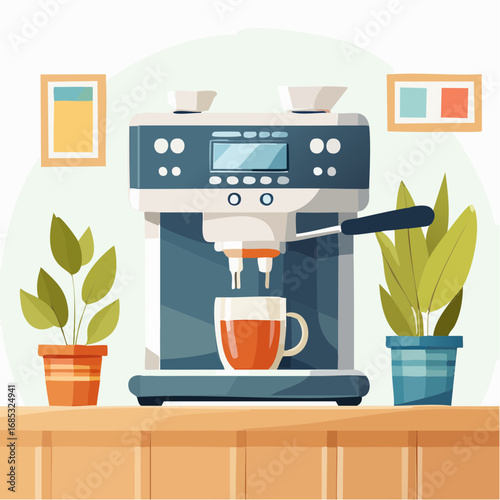 Modern Coffee Machine Making Coffee In Kitchen