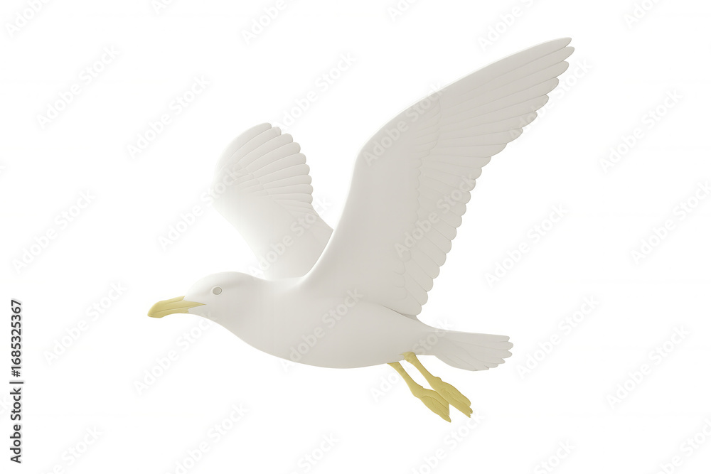 Fototapeta premium Elegant seagull soaring, wings extended wide, revealing intricate plumage against pristine white backdrop