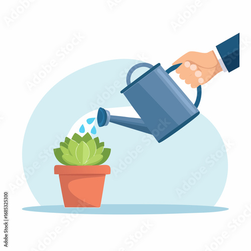 Watering Succulent Plant With Watering Can