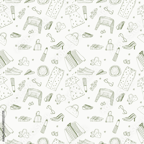 Ink drawn vector seamless repeat pattern in expressive freeform style. Woman fashion , dress , bag, shoes , sweater , shirt , accessories 