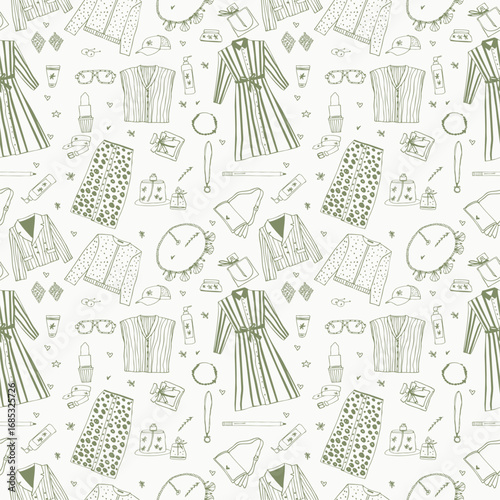 Ink drawn vector seamless repeat pattern in expressive freeform style. Woman fashion , dress , bag, shoes , sweater , shirt , accessories 