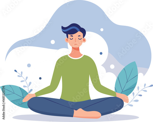 Minimal flat vector illustration of a calm individual practicing square breathing, sitting in a relaxed posture boy.