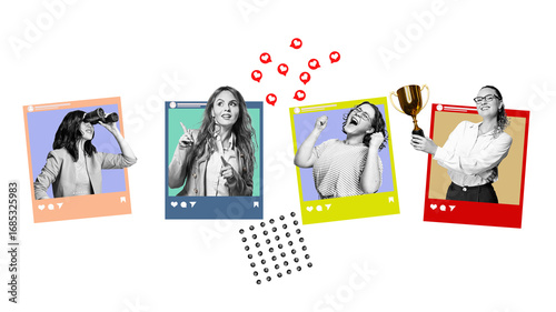 Art collage. Launch of a different blogger frame with a smiling business womans, isolated on free png background. Successful start up in web concept.