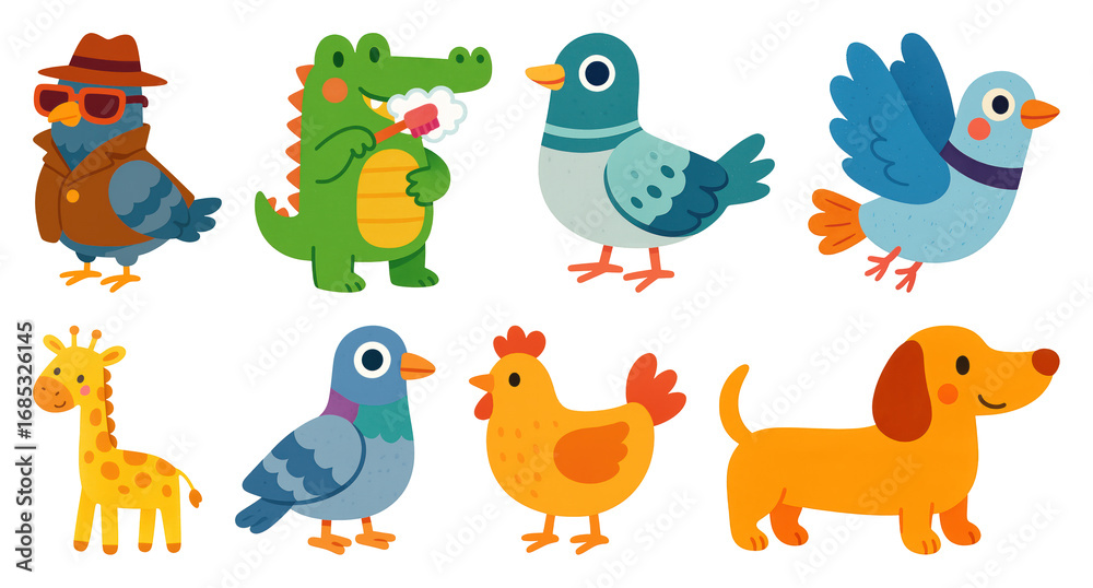 Naklejka premium PNG Colorful cartoon animal illustrations, element set on transparent background