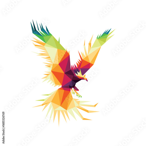 Flying Phoenix in Colorful Polygon. Low Poly Colorful Abstract of beautiful Bird. Flying Phoenix colorful logo. Good for book illustration
