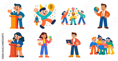 PNG Colorful business character illustrations, element set on transparent background