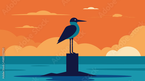 Solitary Sea Bird on a Post a Calm and Picturesque Scene of Coastal Nature