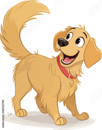 cartoon happy golden retriever wagging tail.