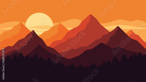 Dramatic Silhouetted Mountain Range Against a Sunset Sky a Nature Panorama