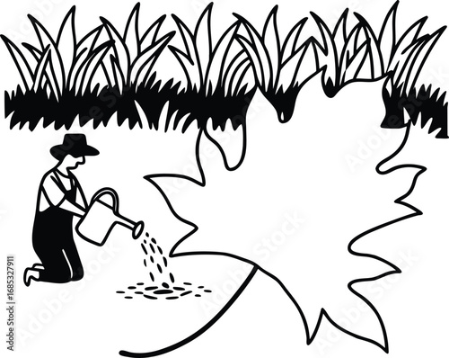 Gardener watering plants near a large leaf grass