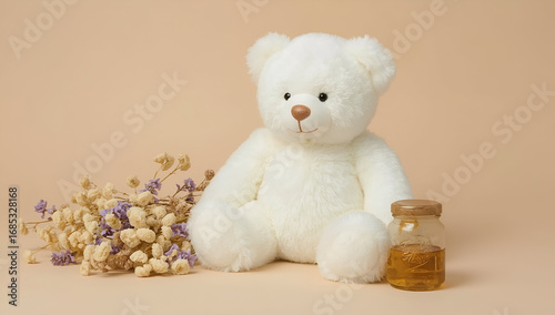 Cute Teddy Bear with Honey Jar and Dried Flowers Still Life