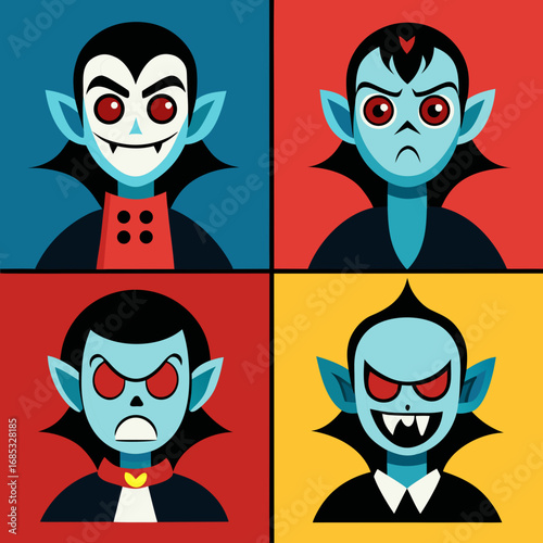 Four cartoon vampires with different expressions on colorful backgrounds