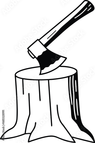 Chopping axe on tree stump wood tool