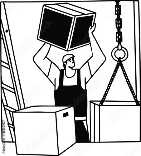 Worker lifting box near crane and ladder vector