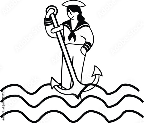 Sailor holding anchor on waves woman