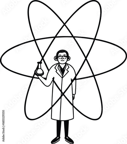 Scientist holding flask with atomic orbits science