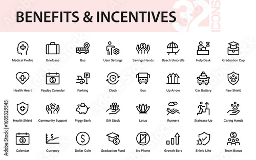 Salary Benefits Professional Line Icon Pack Featuring Modern Minimal Vector Illustrations of Compensation, Payout, Rewards, Incentives, and Bonus Income