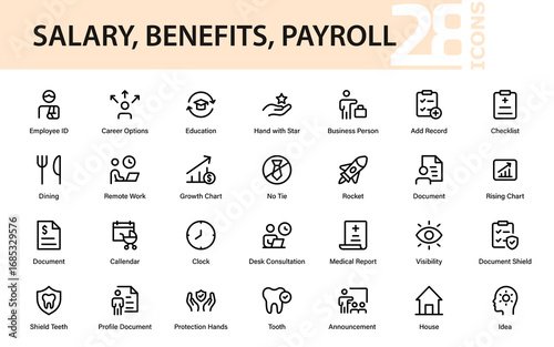 Compensation Modern Line Icon Collection with Professional Minimal Vector Symbols for Benefits, Incentives, Allowances, Payroll, and Salary Growth Concepts
