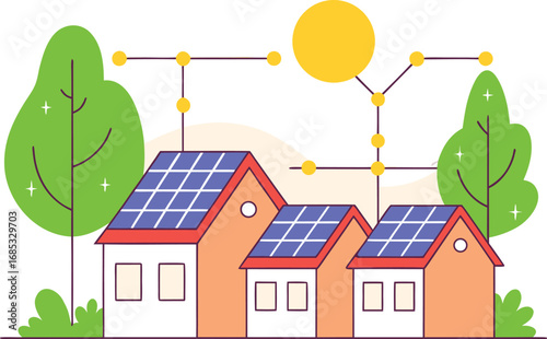 Houses with solar panels and trees roofs windows