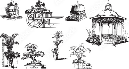 Vintage garden elements vector set: Gazebo, planters, bonsai, wheelbarrow, and outdoor decorations.