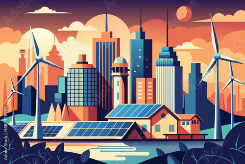 Futuristic Cityscape With Wind Turbines And Solar Panels architecture skyscrapers