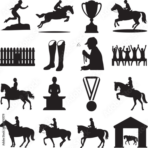 Equestrian Sports Silhouettes Horse Riding Show Jumping Trophy and Medals Keywords: equestrian