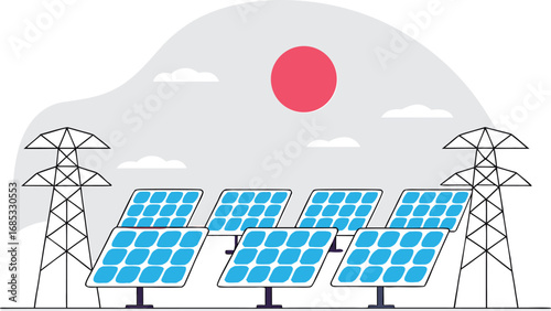 Solar panels and power towers under a red sun and clouds electricity