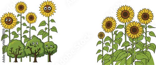 Cartoon sunflowers and trees with cute faces, happy garden illustration, vibrant botanical vector, smiling plants nature art, children book style