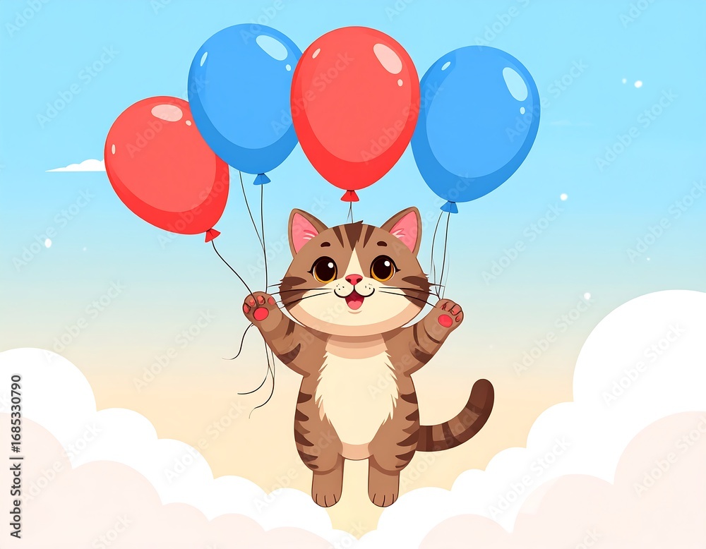 Fototapeta premium Cute cartoon cat floating on clouds with balloons